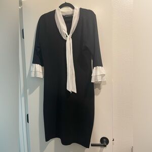 Nina Leonard Black and White Sheath Dress with Ruffled Bell Sleeves